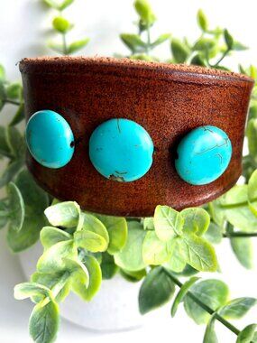 MishaGirl Handmade Leather Cuff Bracelet with Turquoise Colored Beads